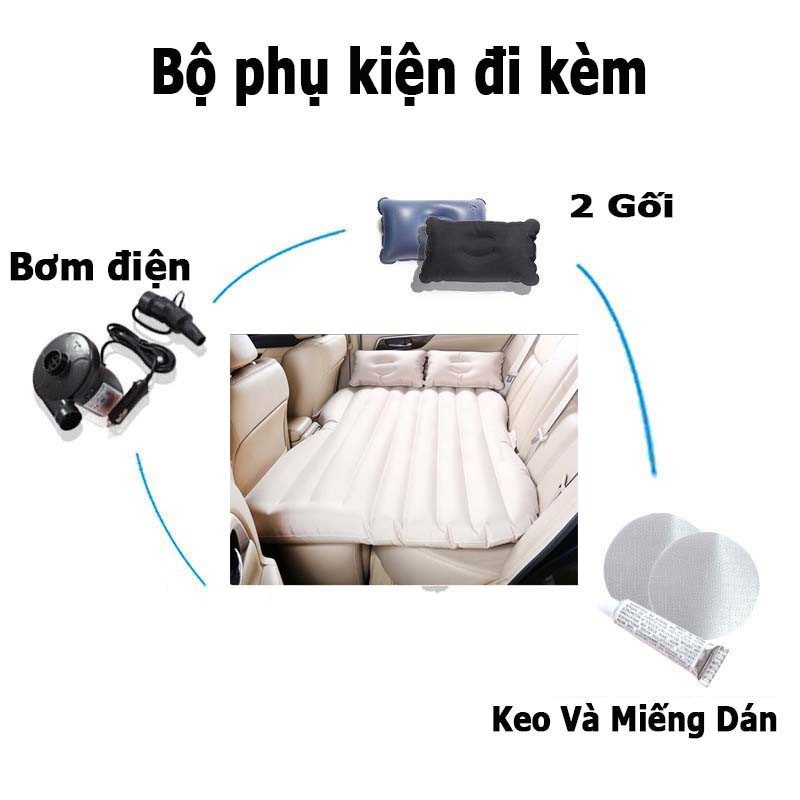 Đệm Hơi Ô Tô , Nệm Hơi Ô Tô Chân Liền Tặng Kèm 2 Gối hơi, 1 Bơm điện  Nêm Chất Liệu Vải Nhung Dù Màu Ghi Có Thể Gấp Gọn, Dành Cho Nhiều Dòng Xe