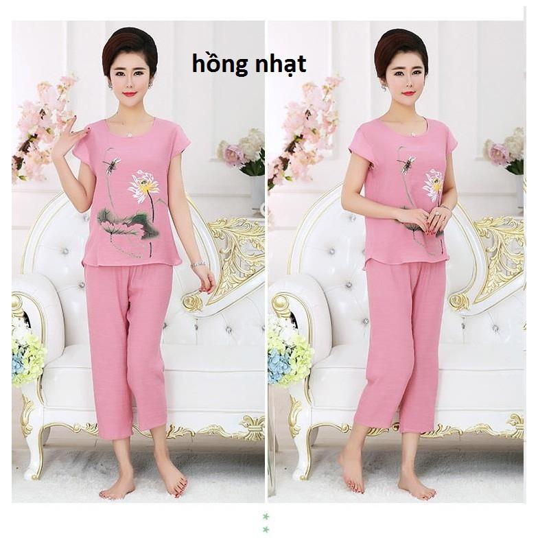 Bộ quần áo mặc nhà trung niên cho mẹ, bộ đũi hoa sen