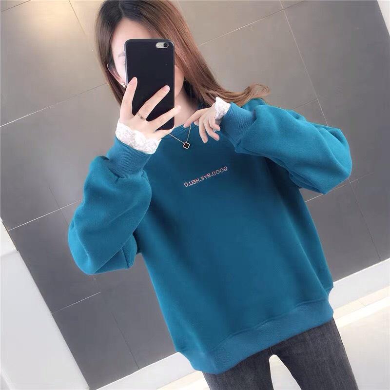 Áo Sweater Nỉ Hàn Quốc Xanh Tây Tay Dài Dáng Rộng HELLO Siêu Xinh