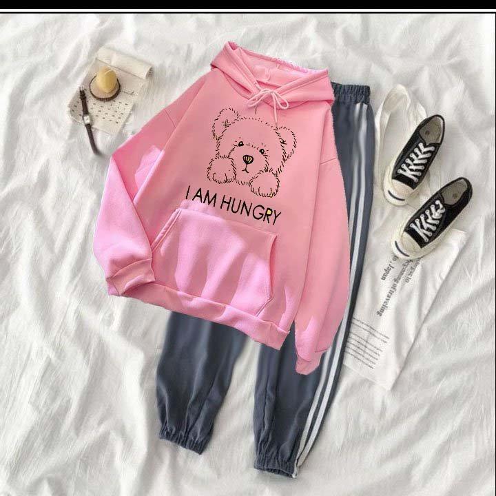 Set bộ áo hoodie nam nữ gấu nâu hunry chất nỉ bông siêu dày , phom rộng size từ 37 đến 65kg kèm quần 2 sọc bo xám