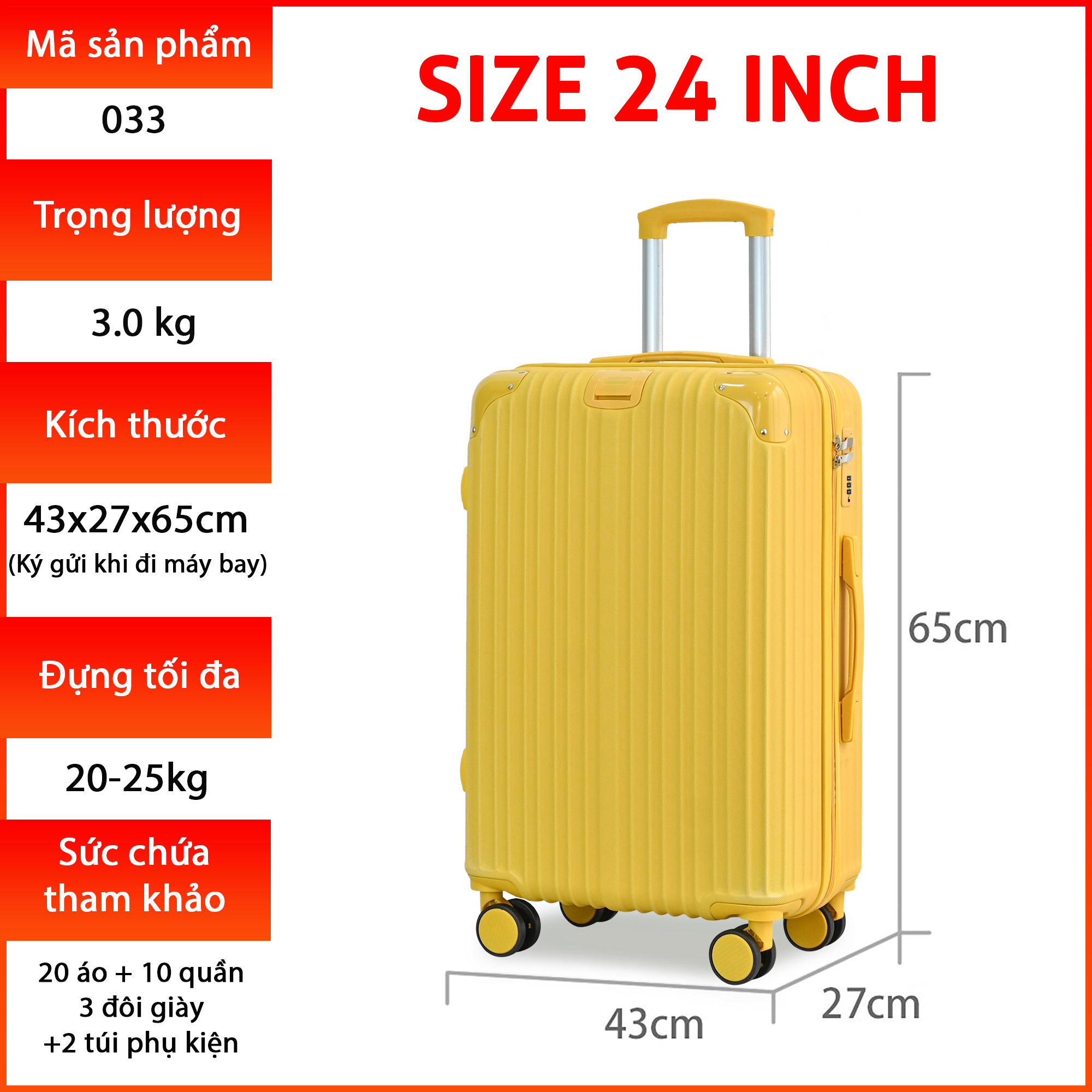 Vali du lịch kéo Kingsun cao cấp Size 24inch KS-033 - Vàng Hồng