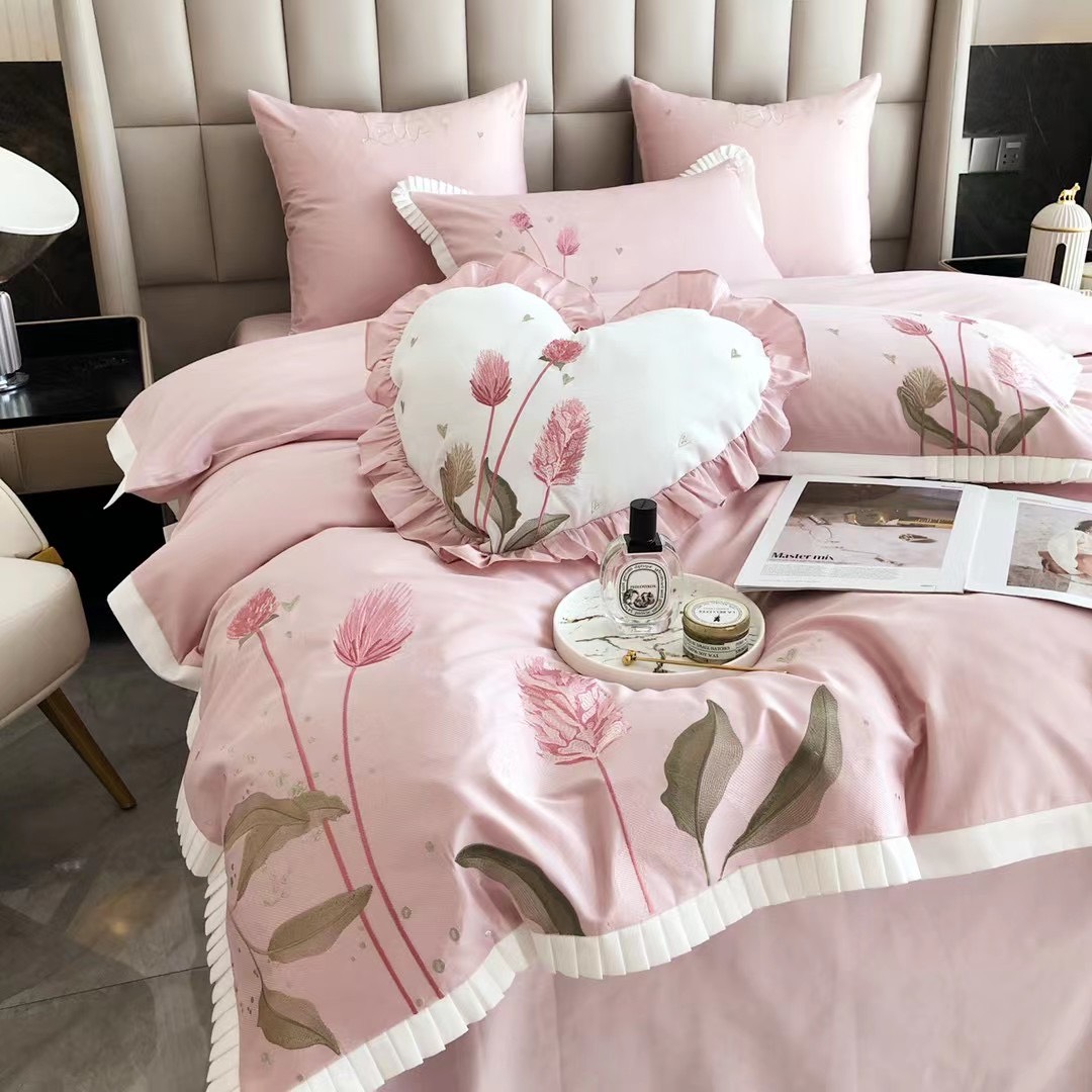 Bộ Chăn Ga Gối Đệm 5 Món Chăn Chần Bông Lụa Thêu 100s Hin Home Bedding Drap Giường Lụa
