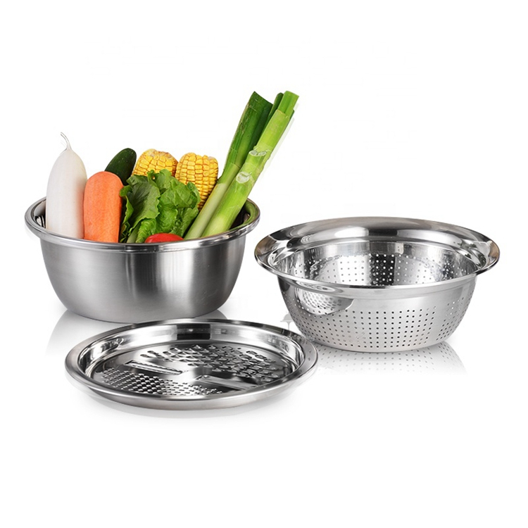 Bộ bào nạo rau củ kiêm rổ và chậu Inox đa năng, Bộ nạo đa năng thép chống rỉ kiêm rổ và chậu