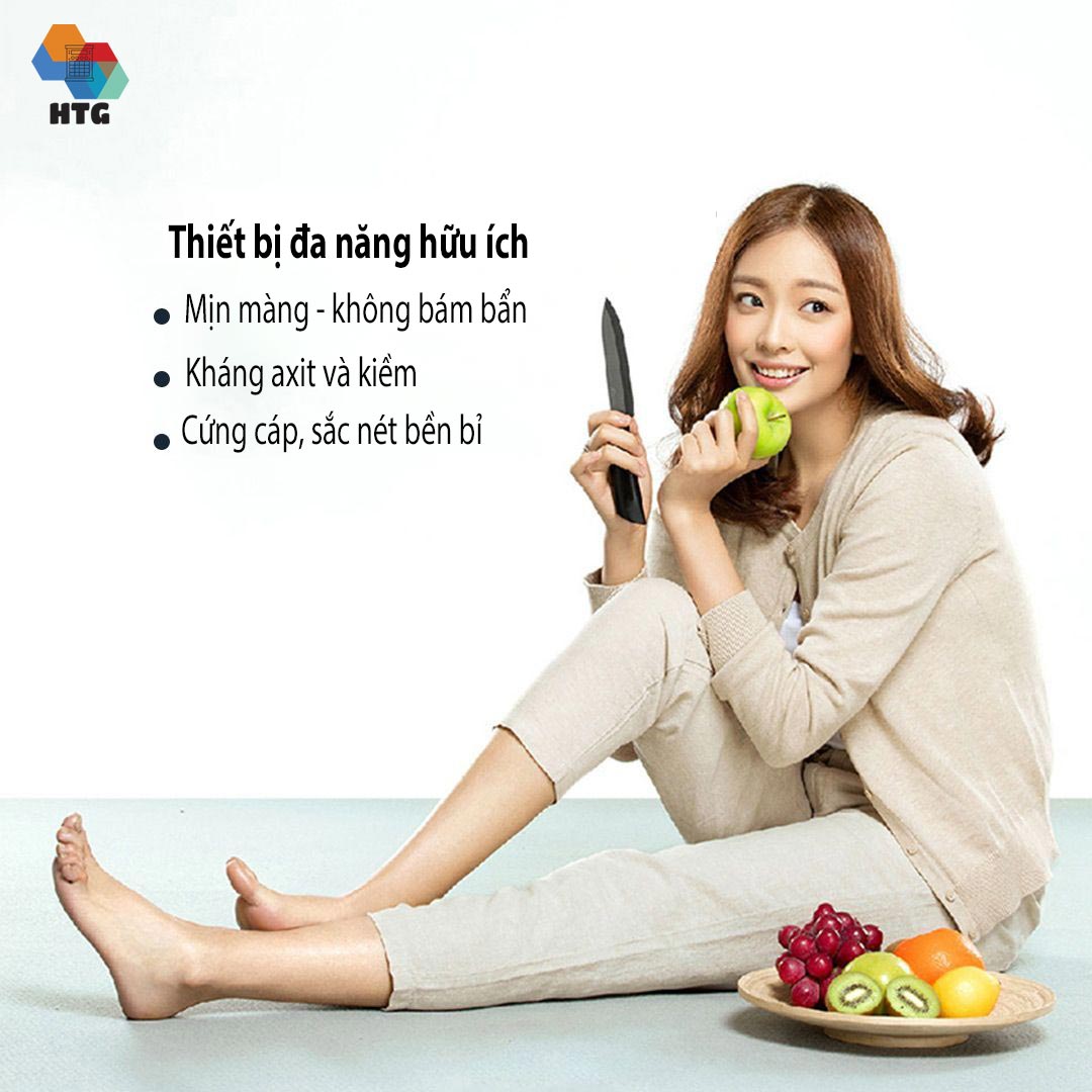 Bộ 4 dao nhiệt gốm Huohou HU0010 công nghệ nano chống dính, cắt lát thịt cá, trái cây, hoa quả, rau củ, hàng chính hãng