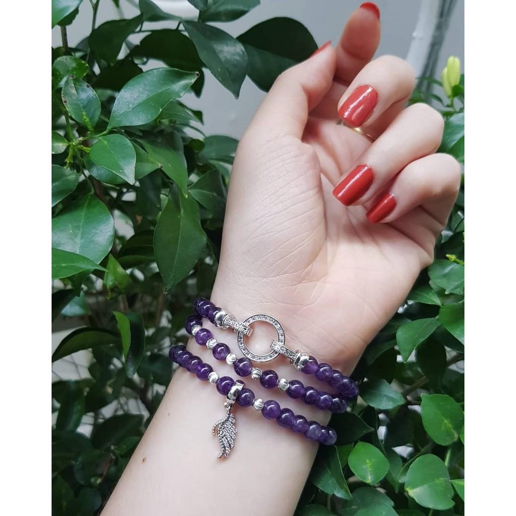 Vòng tay quấn 3 vòng thời trang tím đậm mix charm hợp kim mạ trắng cao cấp