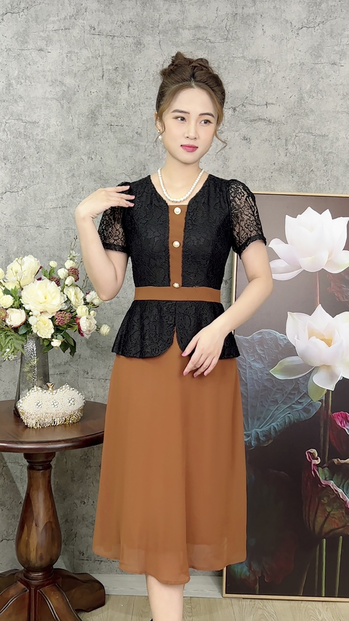 Đầm Quý Bà Sang Trọng [ Linh Trà ] (TM 444) Cao Cấp Vải Phối Ren Bigsize Thoải Mái Quý Phái Đa Dụng Cho Tuổi Trung Niên