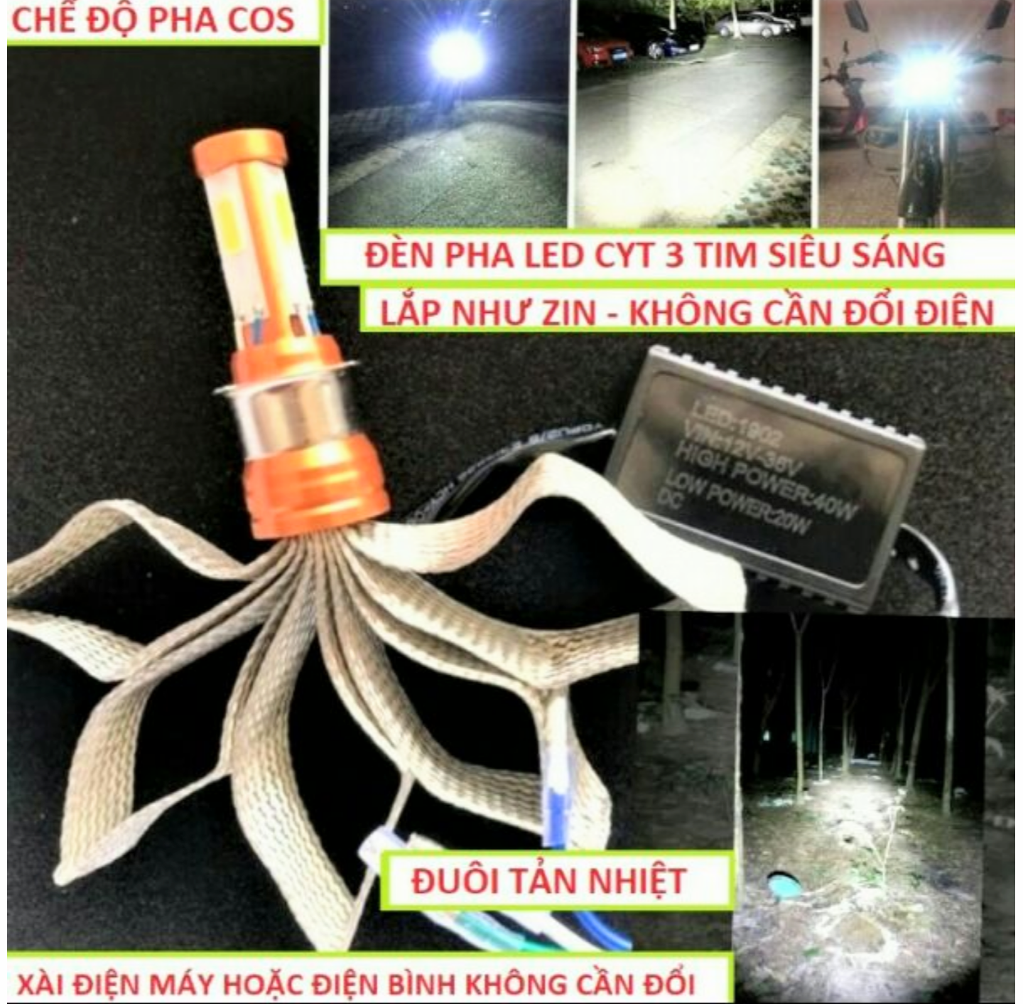 SIÊU SÁNG CỰC MẠNH VỚI BÓNG ĐÈN PHA LED 3 TIM KIỂU TẢN NHIỆT ĐUÔI CÔNG LẮP XE MÁY CÁC LOẠI HÀNG CHÍNH HÃNG