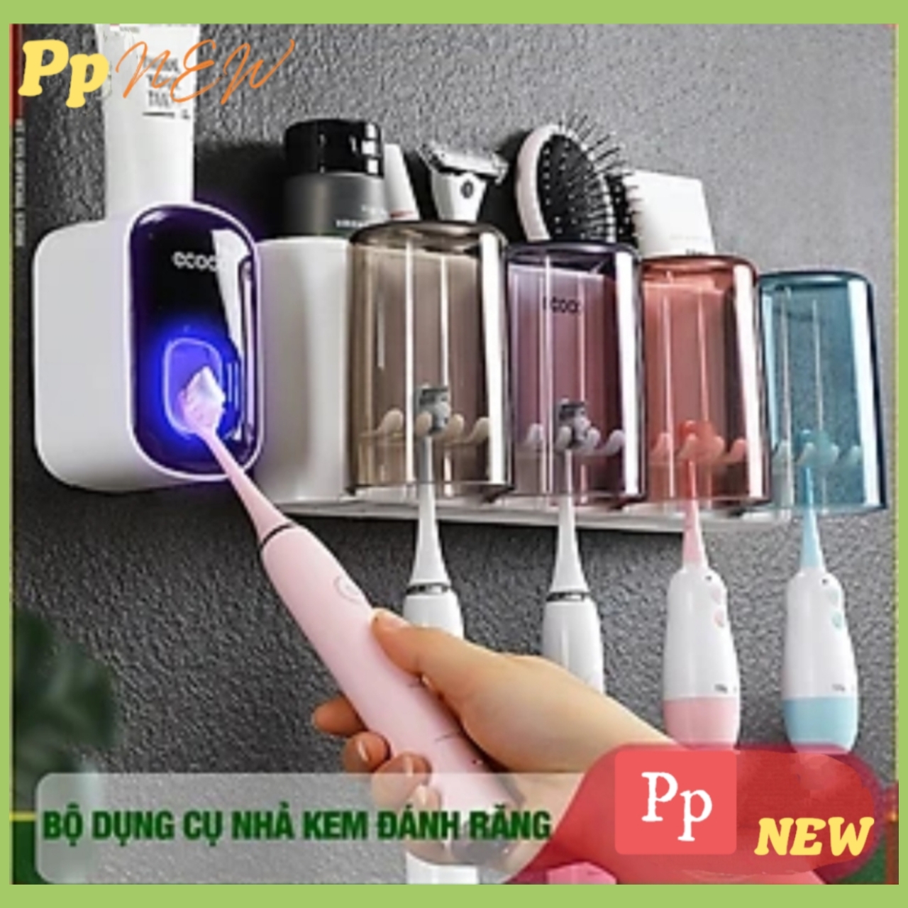 Bộ dụng cụ nhả kem đánh răng tự động 4 cốc và giá treo bàn chải đa năng PHT SUS-ECOOO-E1922-chất liệu ABS cao cấp