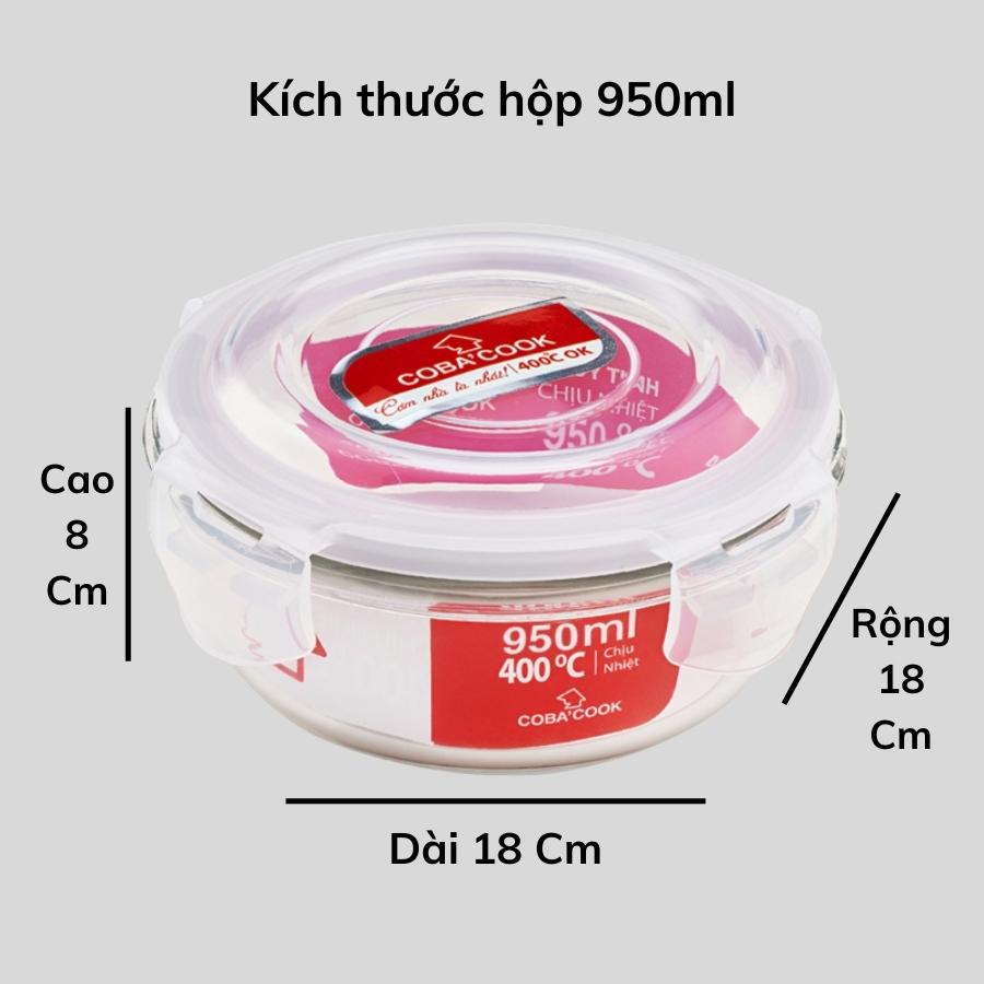 Hộp thủy tinh hộp đựng cơm trữ thức ăn chịu nhiệt COBA'COOK hộp tròn 950ml- CBHR950