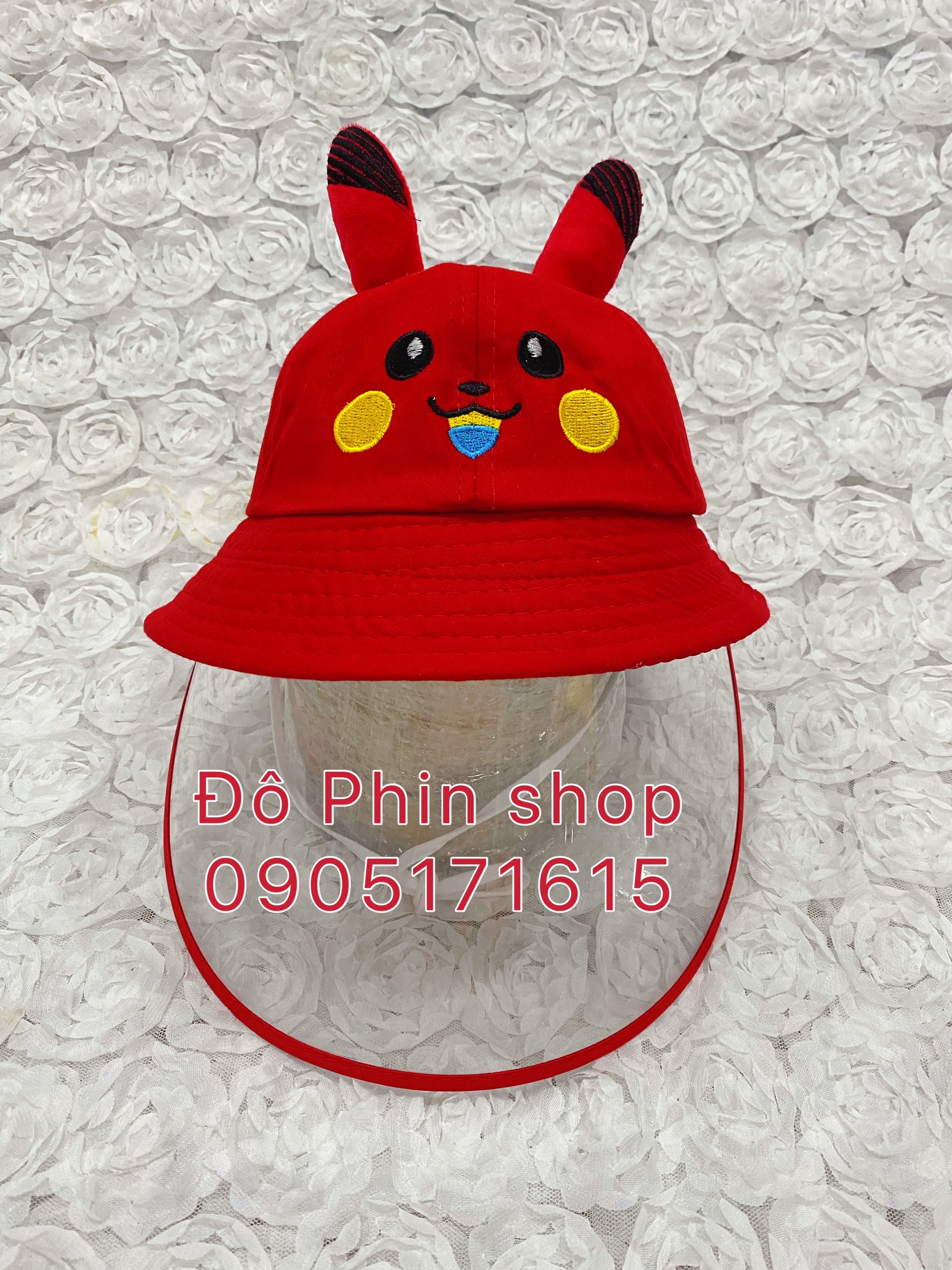 Mũ vành bucket Pikachu chống giọt bắn trẻ em, vòng đầu 52cm, có dây quai nón, tấm chắn có thể tháo rời làm nón thời trang cho bé