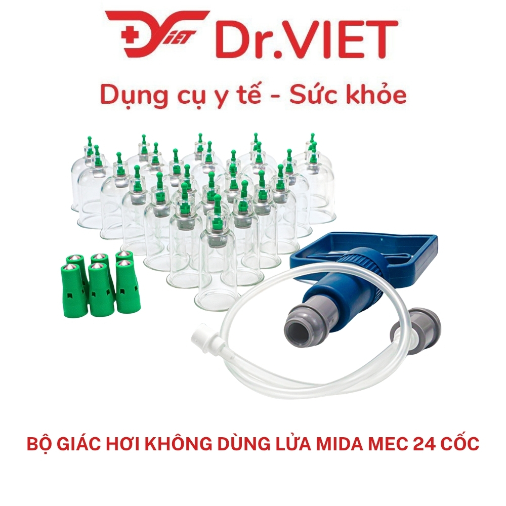 Bộ Giác Hơi Không Dùng Lửa MIDA Mec 24 Cốc FCT0024, Hút Chân Không An Toàn, Nhựa Nguyên Sinh, Có Dây Tự Giác Lưng