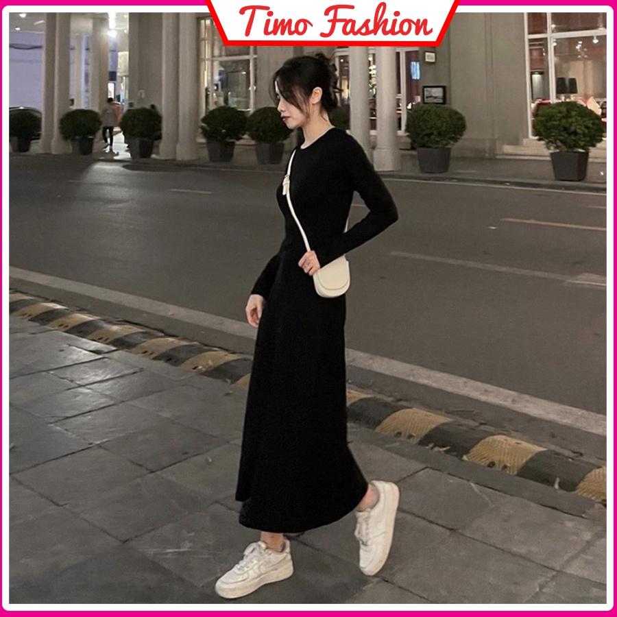 Váy suông dáng dài, váy maxi dài tay dáng xòe trơn basic cổ tròn vải thun tăm co giãn dày dặn phong cách Hàn Quốc,VAY025