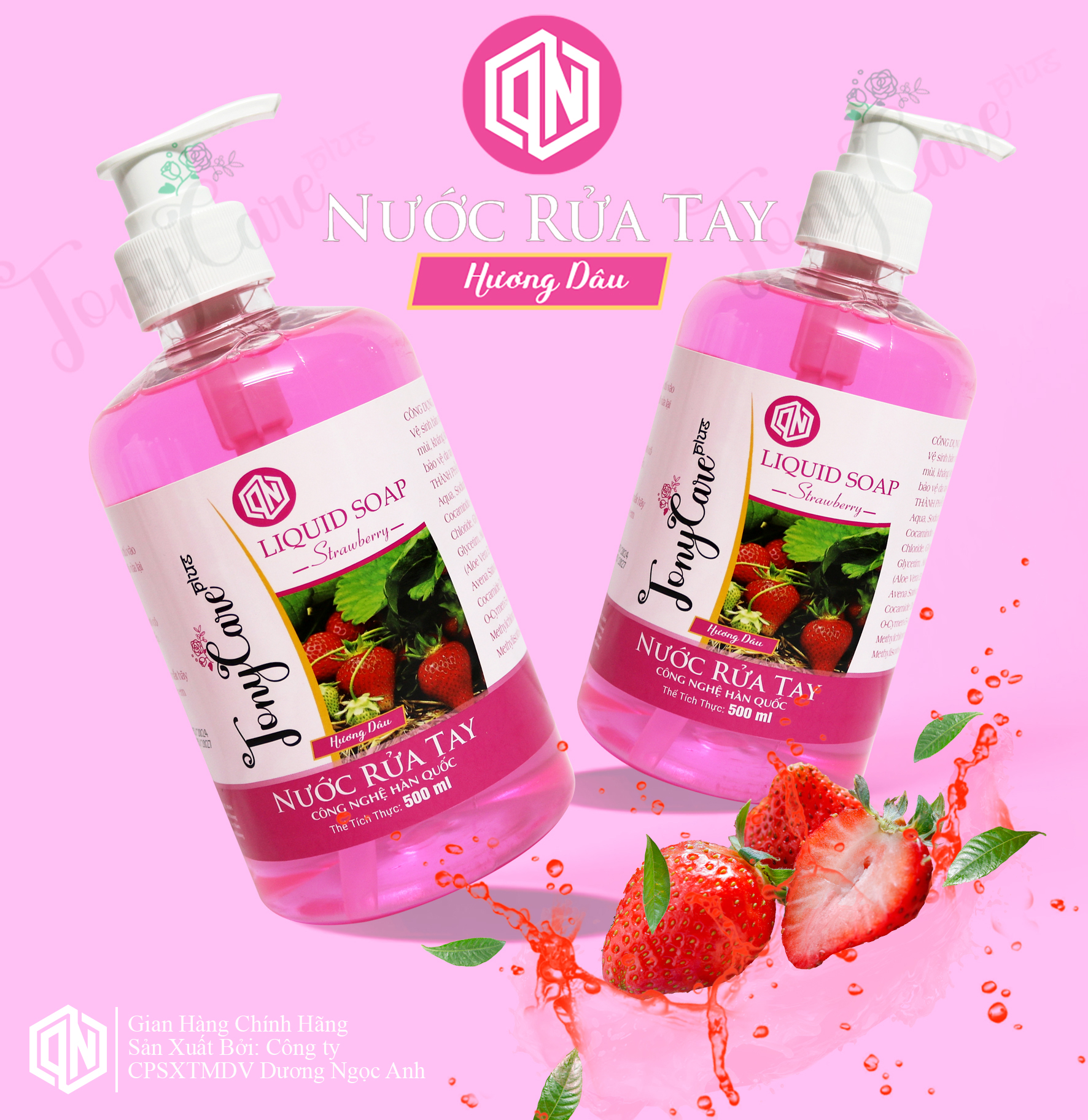 Nước rửa tay Tonycare 500ml Hương Dâu – Diệt khuẩn, hương ngọt ngào, dịu nhẹ da tay – Chính hãng Tonycare
