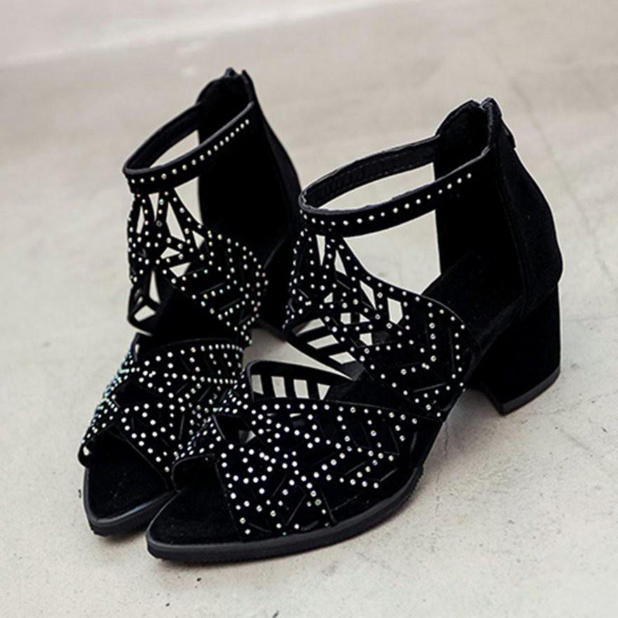 Giày sandal gót vuông quai đính đá thời trang cho nữ