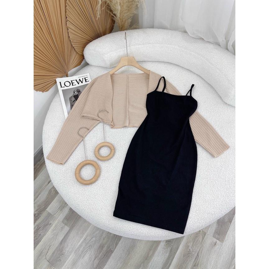 Set đầm 2 dây đen kèm áo khoác dơi len đũa