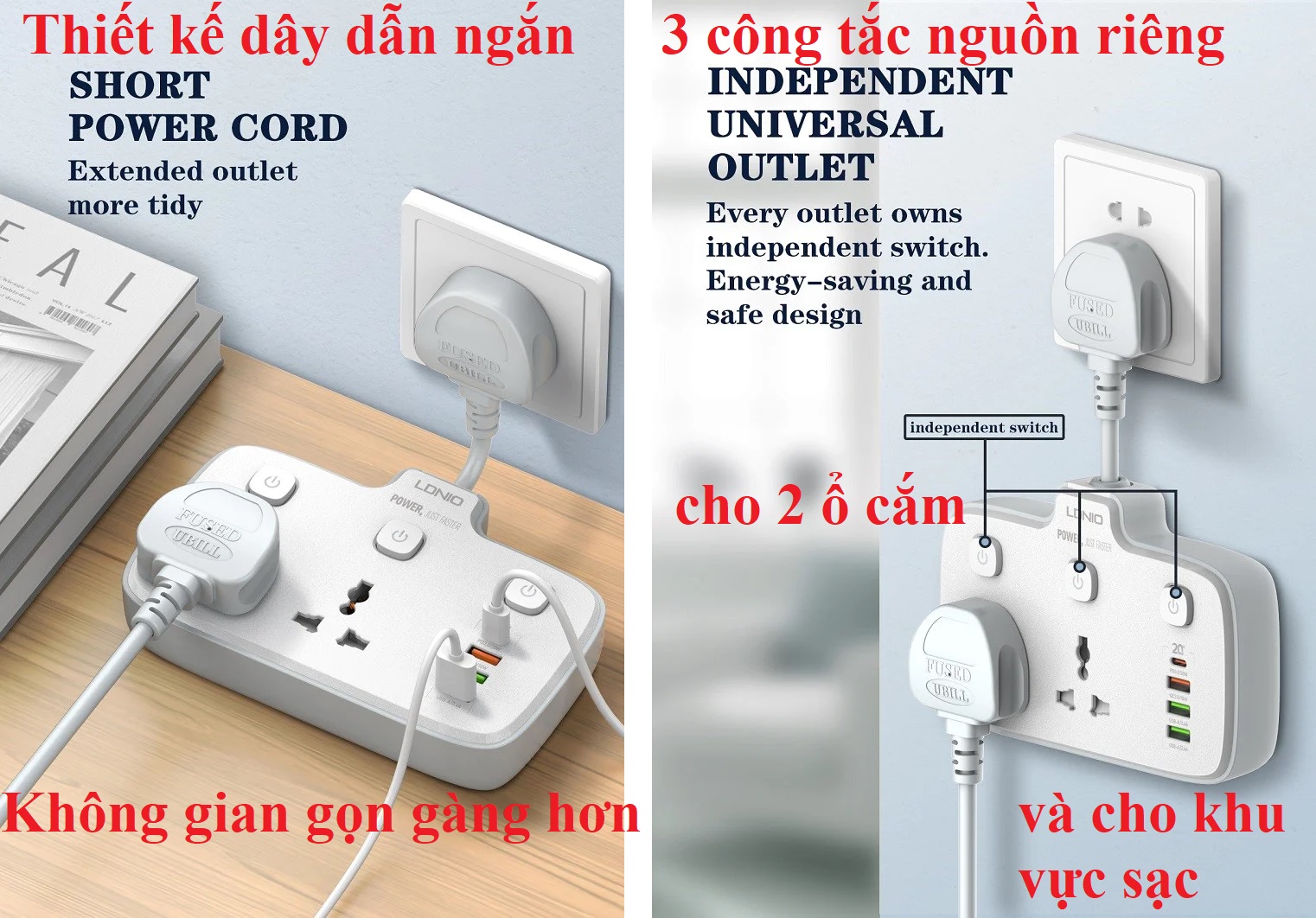 Ổ cắm đa năng 2500W hỗ trợ sạc nhanh QC18W PD20W tích hợp công tắc nguồn riêng LDNIO SC2413 _ Hàng chính hãng