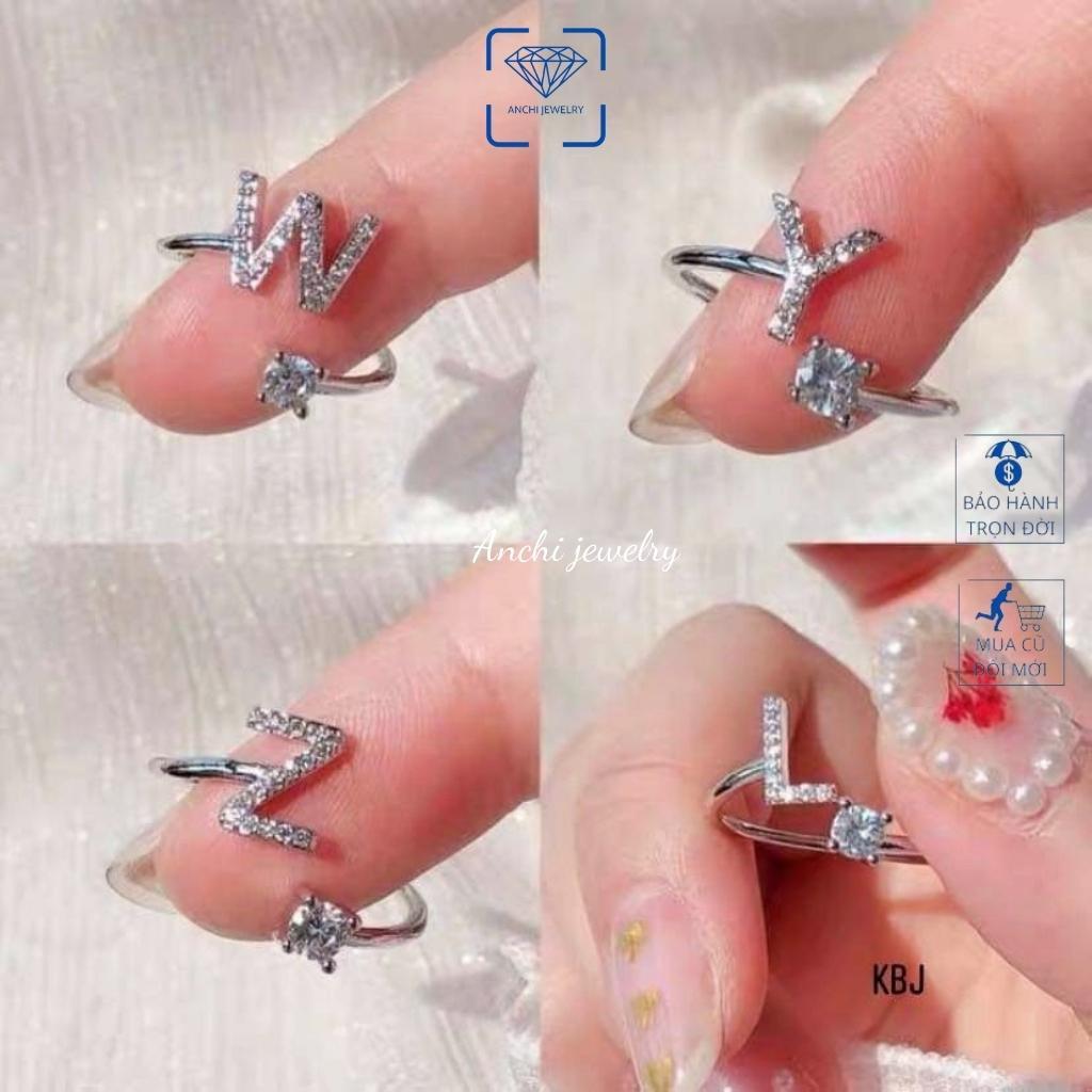 Nhẫn chữ cái bạc đính đá dáng hở cá tính nữ, Anchi jewelry