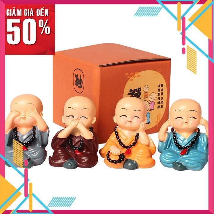 Bộ 4 tượng chú tiểu bốn hòa thượng tứ không mini để bàn làm việc đẹp bằng sứ an lạc, bình yên, giác ngộ