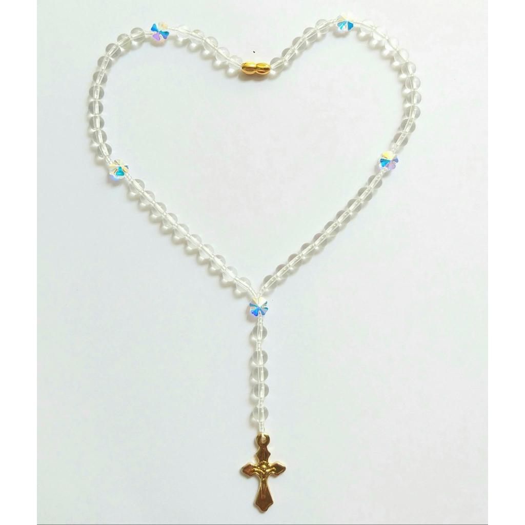 Tràng chuỗi Mân côi 50 hạt Mã não trắng trong 6mm Thánh giá mạ vàng mix hoa Pha lê trắng