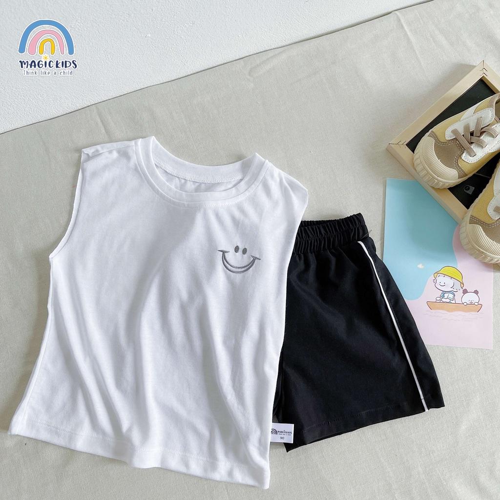 Đồ bộ mặc nhà cho bé trai thoáng mát áo ba lỗ cotton thêu hình mặt cười quần kaki Magickids Quần áo trẻ em AO22005