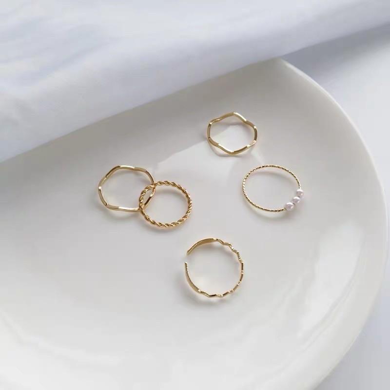 R001 Set 5 nhẫn nữ vàng gold, mạ bạc 925 sáng đẹp