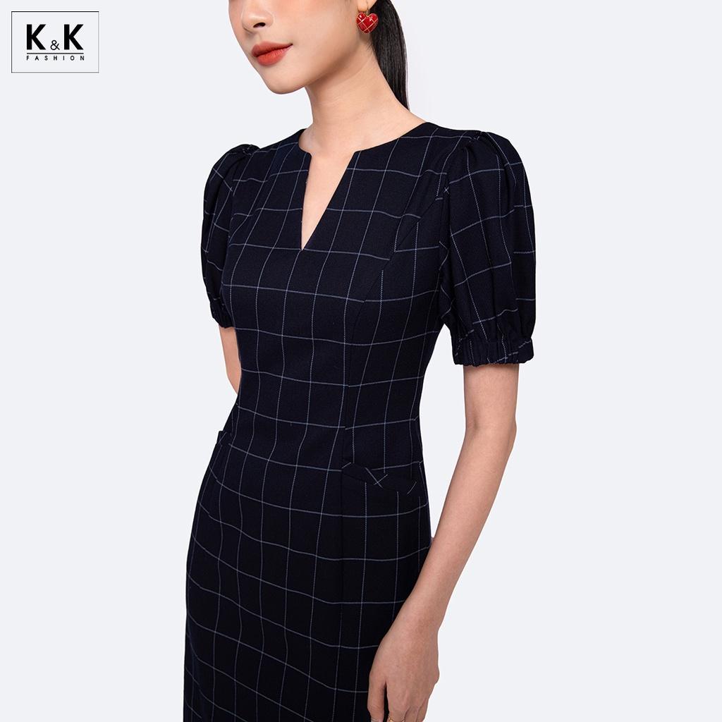 Đầm Chữ A Họa Tiết Caro Cổ V K&amp;K Fashion KK115-01 Chất Liệu Mango