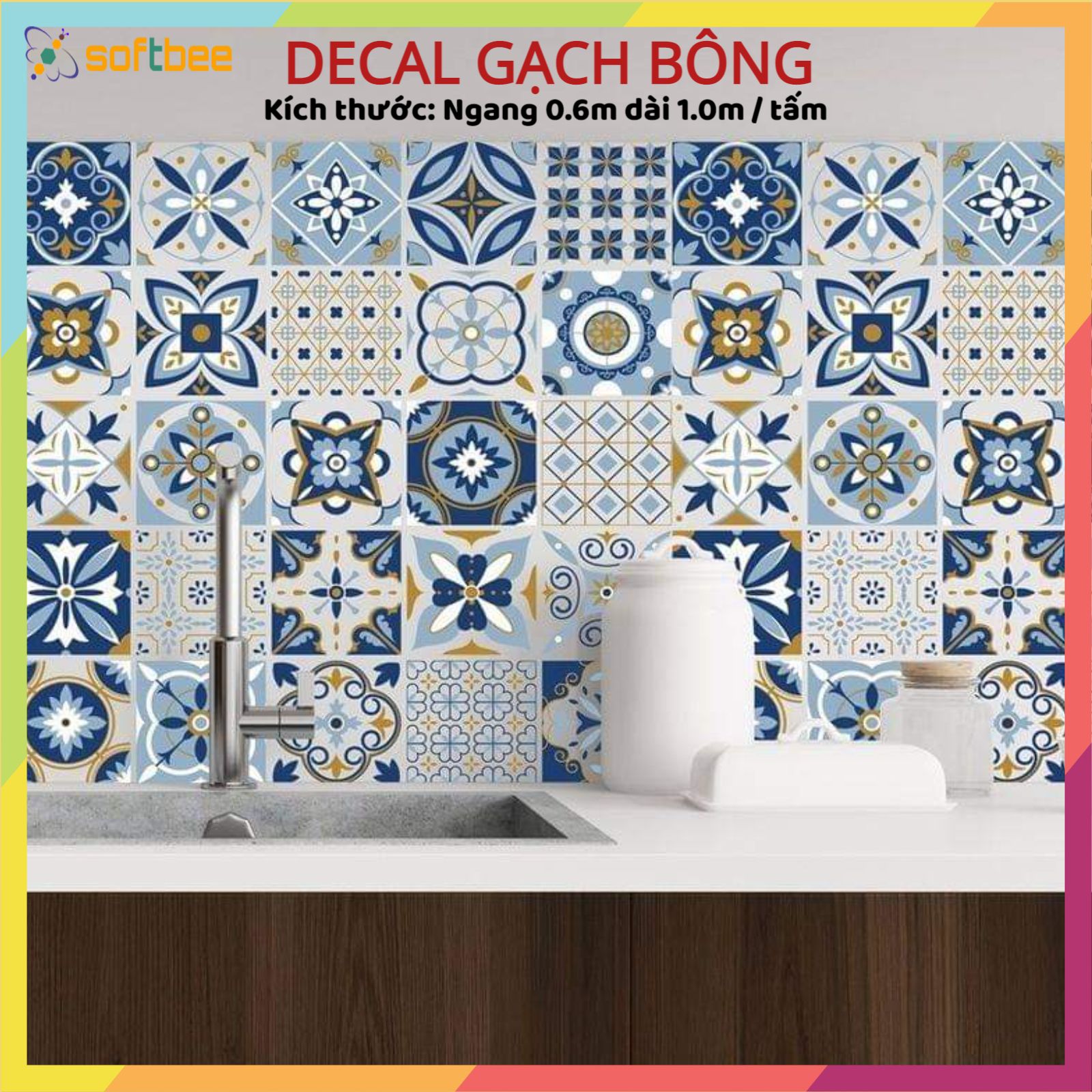 Miếng dán bếp dán bàn dán trang trí in hình gạch bông, kích thước 0.6m x 1.0m / miếng