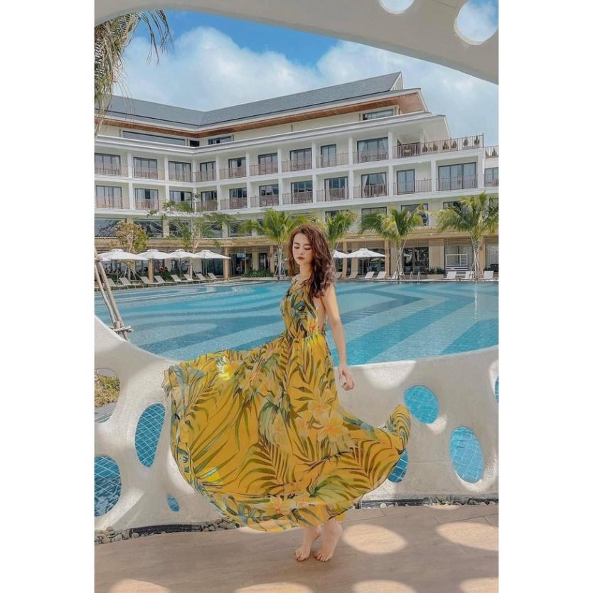 Đầm váy maxi hoa vàng hở lưng voan lót lụa mút ngực 2 dây hở ivy fashion đi biển dự tiệc dạo phố bigsize gợi cảm sexy