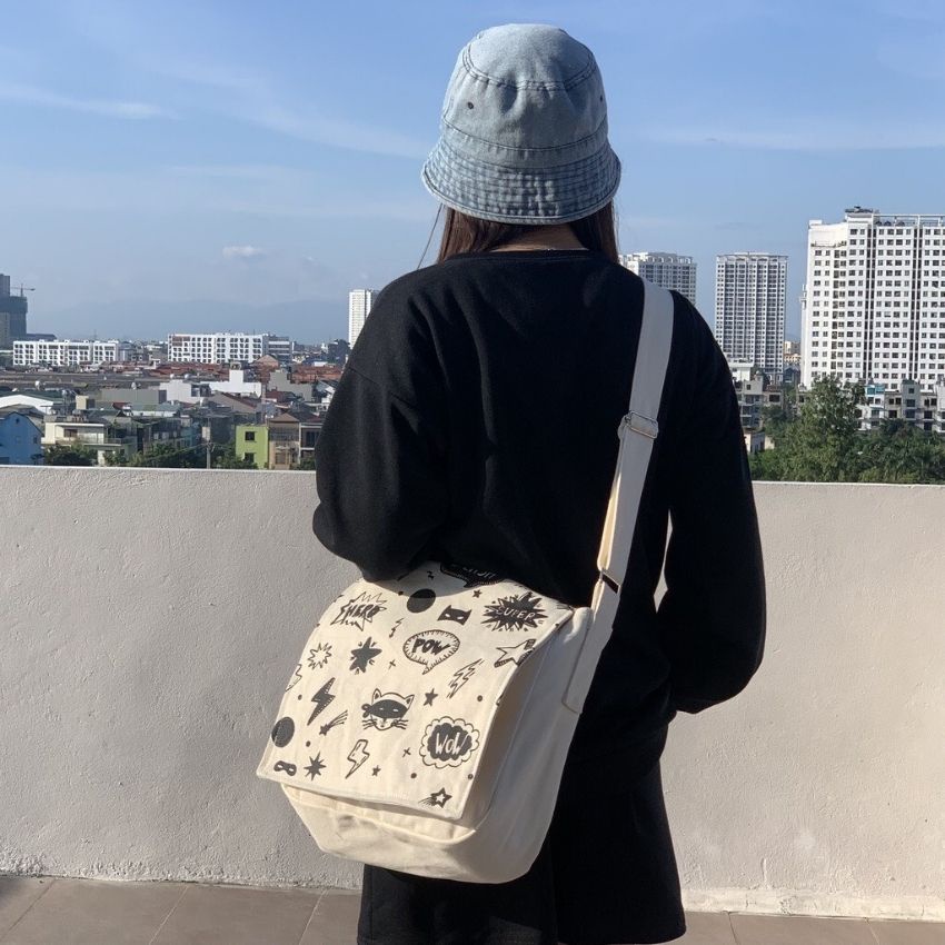 Túi Tote Canvas Vải Đeo Chéo Khóa Kéo