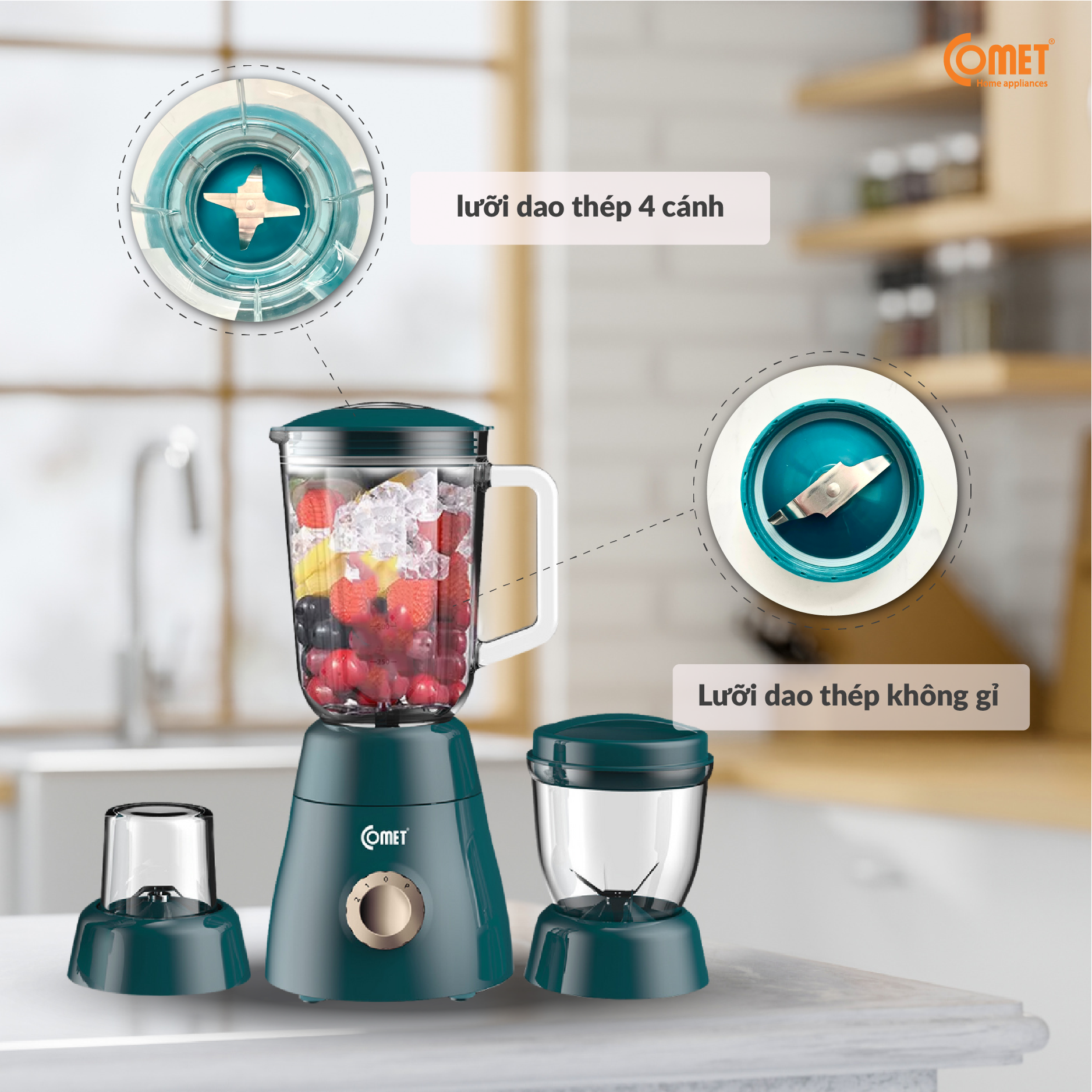 Máy xay sinh tố Comet CM9979 – 3 cối thủy tinh và nhựa cao cấp, công suất 450W – Xay sinh tố, thịt, hạt – Dung tích 1.5L – Hàng chính hãng, bảo hành 1 năm