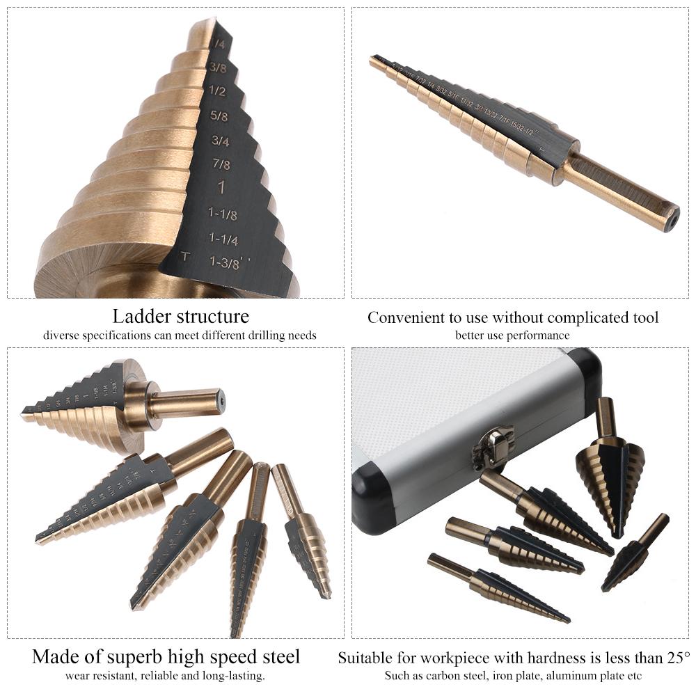 5pcs High Speed Steel 4241 Step Drill Bit Set Kit Round Shank Pagoda T-wist Drills Drilling Tool Portable for Workpiece