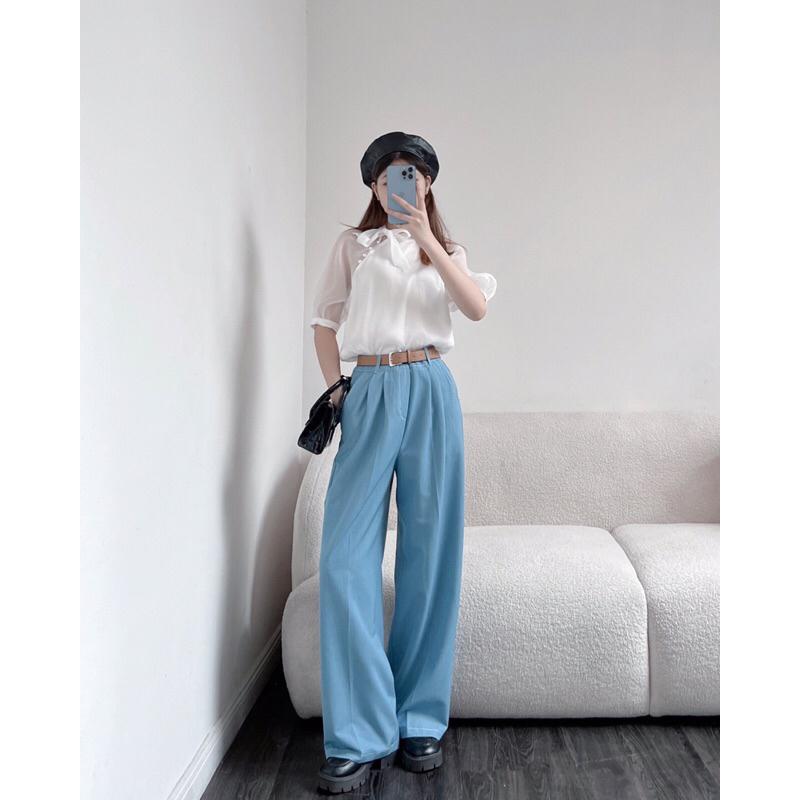 Áo nữ ngắn GERME avnd042307 tay bồng cổ buộc nơ lệch voan mỏng 2 lớp hàng thiết kế