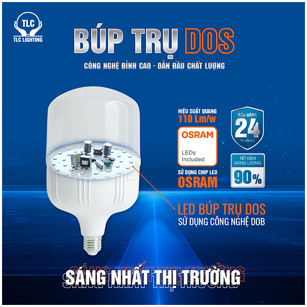 Đèn LED Búp Trụ DOS 15W, 20W, 30W, 40W, 50W TLC Lighting - Chiếu sáng văn phòng, nhà xưởng, đường phố, TTTM, khu công nghiệp - Ánh sáng Trắng/Vàng - Hàng chính hãng