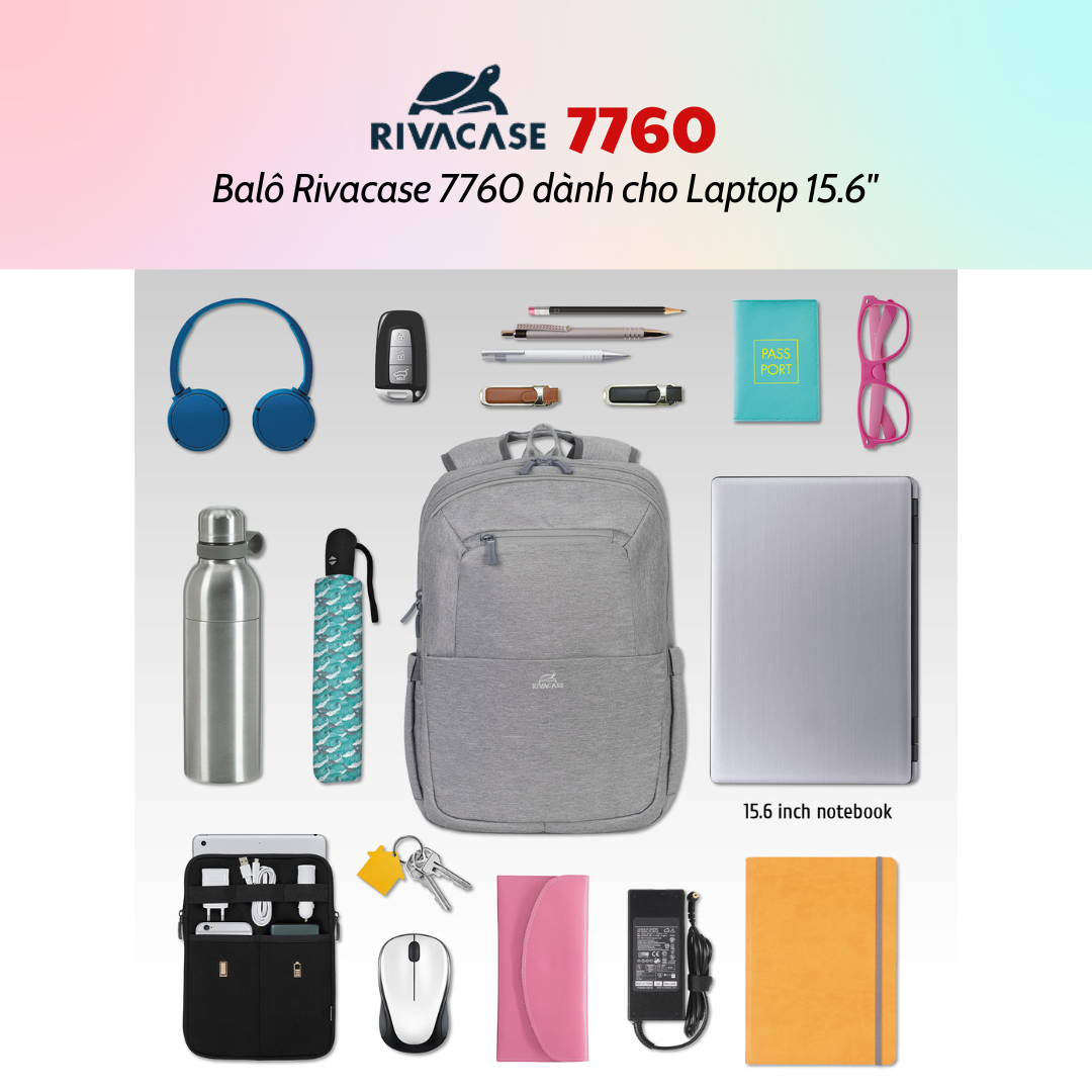 Balô Rivacase 7760 Để Vừa Laptop 15.6&quot; - Bảo Hành 24 Tháng - Hàng Chính Hãng