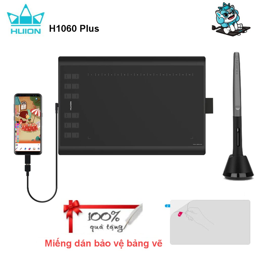 Quà Tặng Kèm - Bảng vẽ cảm ứng Huion H1060P với bút PW100 không cần dùng pin có thể dùng cho điện thoại Android Hàng Chính Hãng HUION H1060P Graphic Tablet 8192 Pen Pressure Battery-Free Digital Stylus Drawing Tablet OTG Adapter Android Phone Connection