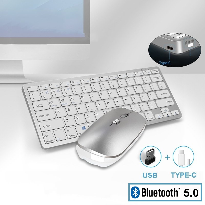 Bộ Bàn phím chuột không dây mini W616C White - pin sạc TypeC- đa kết nối bluetooth 5.0 + 3.0 + Usb wireless 2.4G