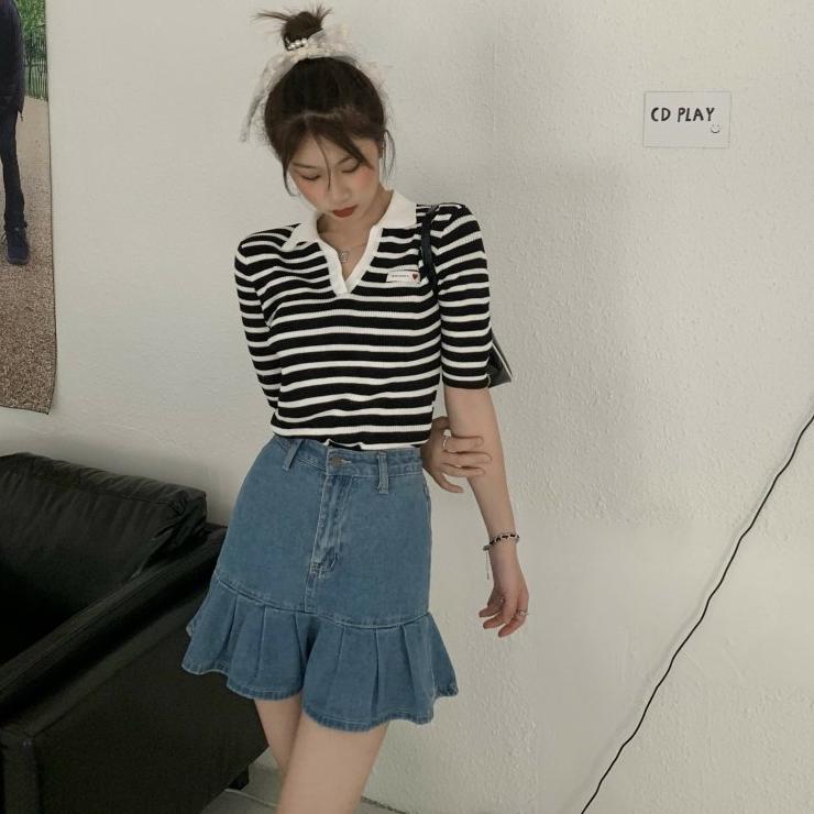 [L2M] Áo len Montoghi dệt kim NHÃN LOGO TIM ĐỎ cổ đức kẻ sọc ngang xinh xắn