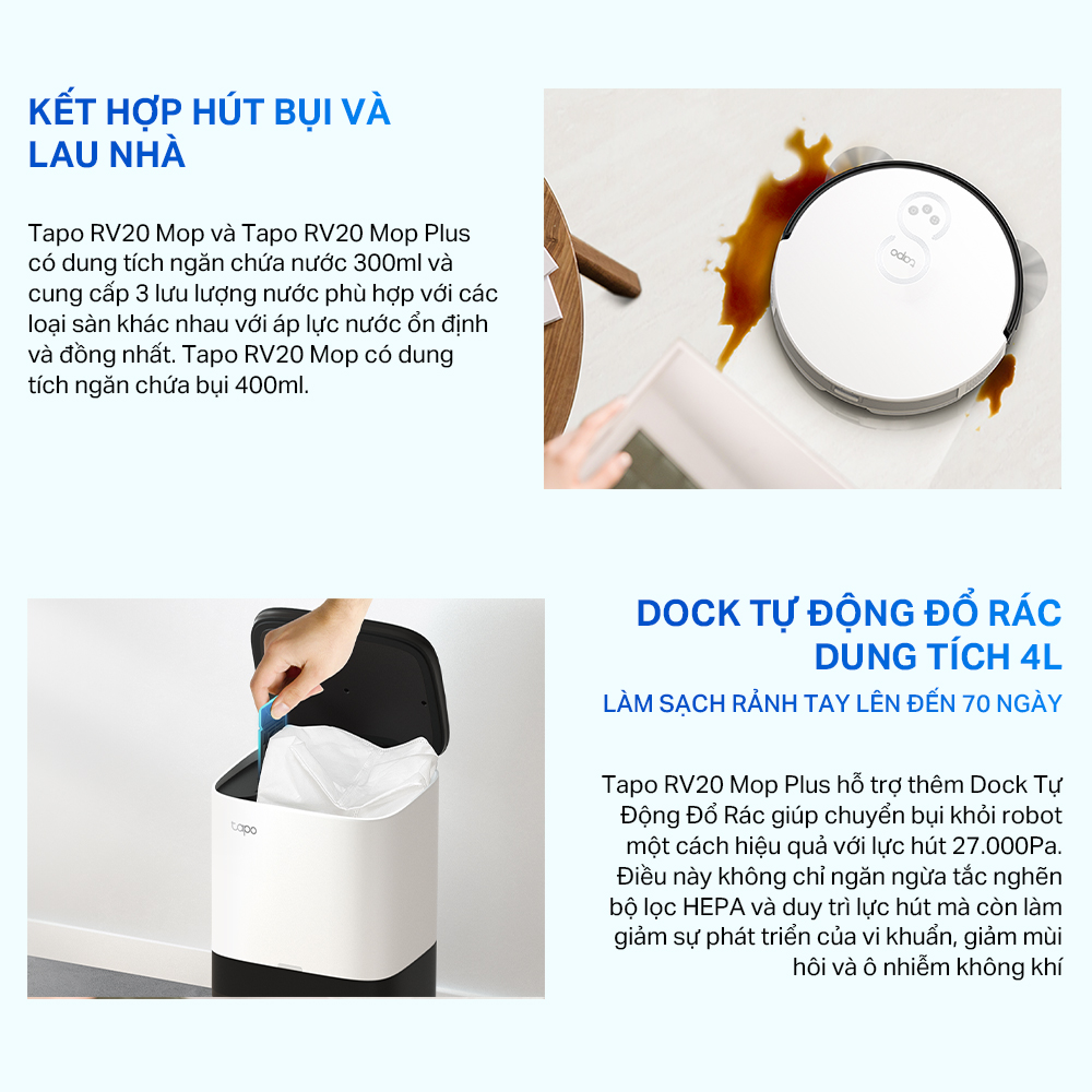 Robot Hút Bụi Và Lau Nhà TP-Link Tapo RV20 Mop / RV20 Mop Plus Điều Hướng LiDar MagSlim - Hàng Chính Hãng