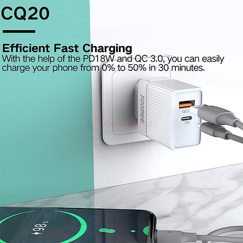 Cốc sạc Foomee 1USB 1Type-C QC 3.0+ 18W CQ20 - Hàng chính hãng