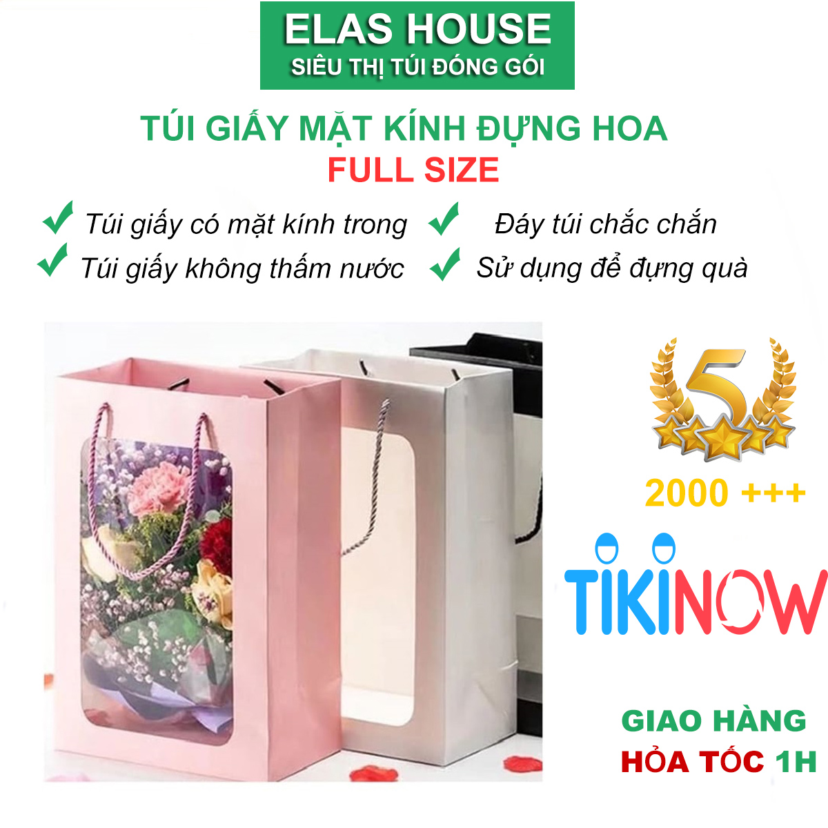 Túi giấy đựng gói quà tặng, hoa có quai 1 mặt kính trong