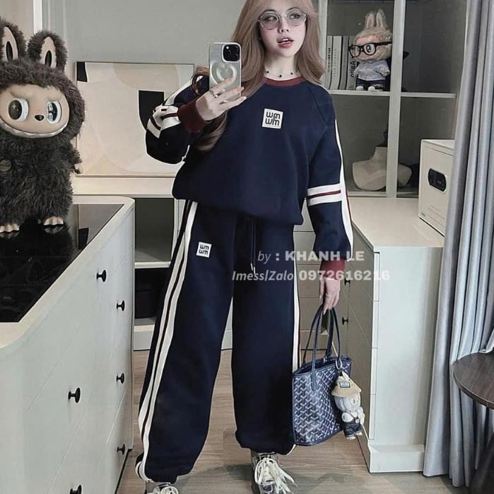 set thu đông nữ,áo mùa đông phối viền sọc in chữ miu miu mix quần nữ ống rộng bo chân T130 BY JOLIE - xanh than