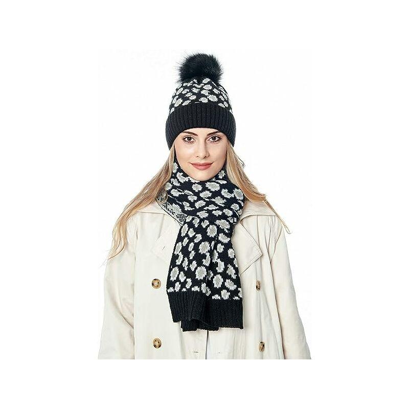 Phụ nữ Mũ mùa đông Mũ khăn Tricot Léopard Bonnet Hot Scarf Skiing Black Mat