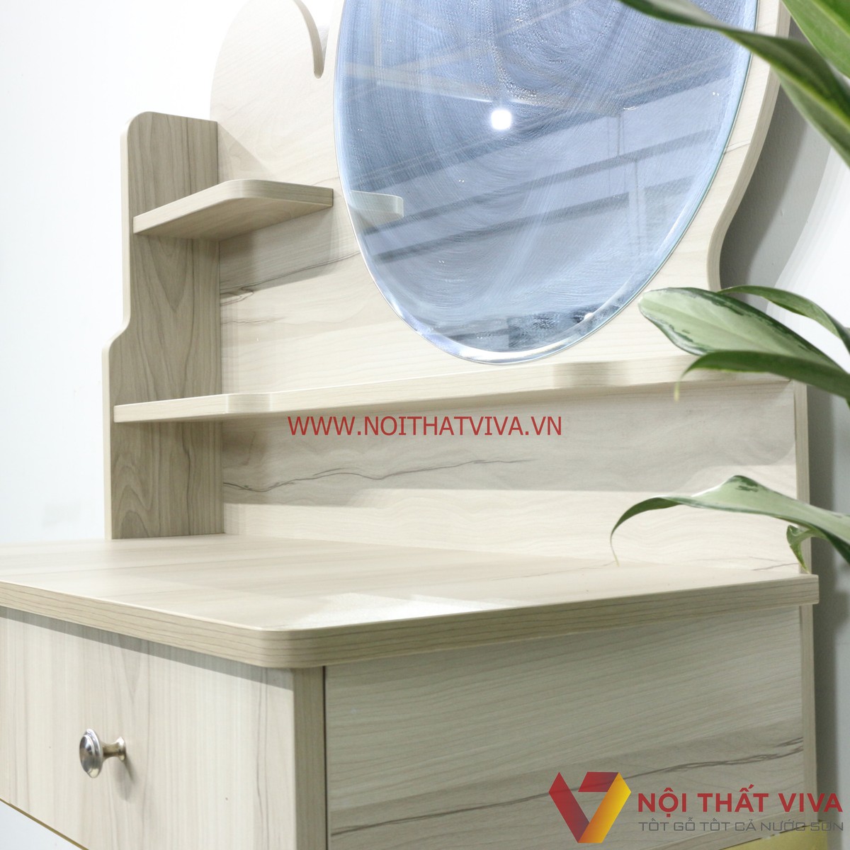 Bàn Trang Điểm Gỗ MDF Melamine Màu Sữa Chân Sắt 2 Ngăn Kéo Gương Tròn