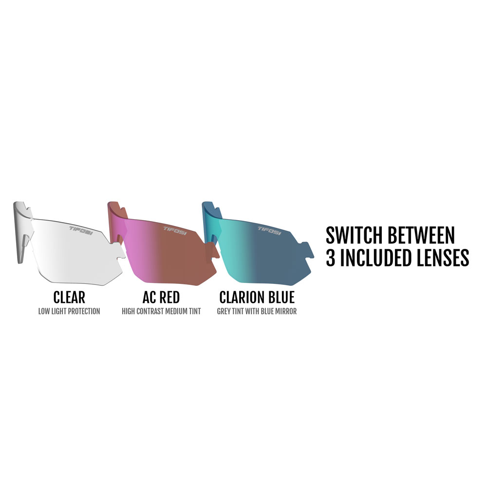 Kính mát thể thao Unisex Tifosi Tsali - Gọng Crystal Smoke/White, Bộ 3 Tròng Đạp Chạy: Clarion Blue, Ac Red &amp; Clear Lenses