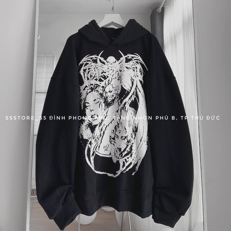 Áo Hoodie nỉ vah v2 màu đen form rộng unisex nam nữ