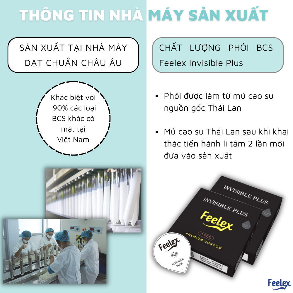 Bao cao su Feelex Invisible Plus siêu mỏng, nhiều gel bôi trơn - Hộp 03 bcs