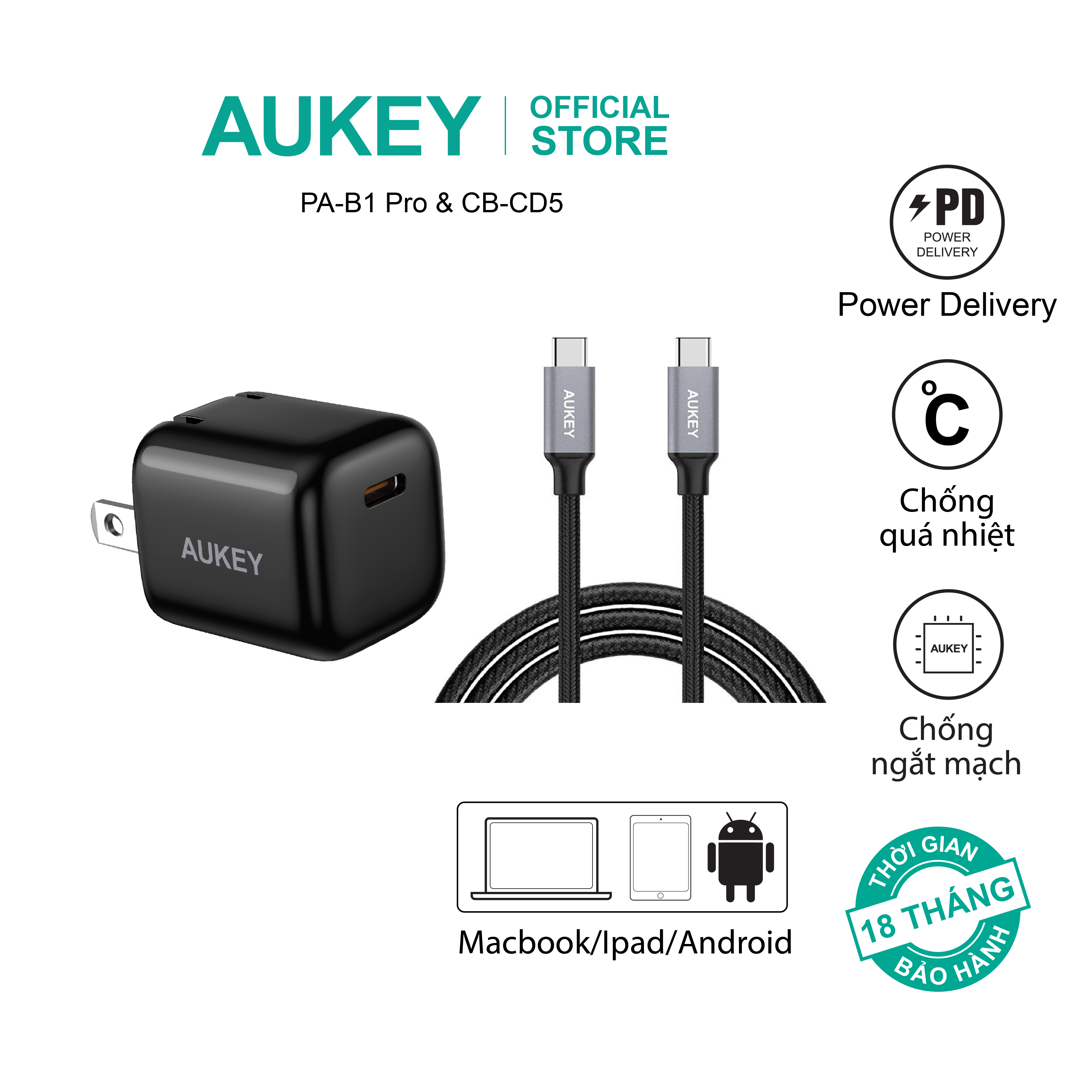 Combo bộ sạc Aukey cho Macbook, ipad, thiết bị Android củ sạc PA-B1PRO 20W và cáp sạc CB-CD5 hàng chính hãng