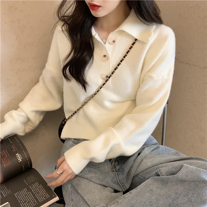 Áo len nữ dài tay form rộng cổ bẻ polo phong cách Hàn Quốc hàng Quảng Châu loại 1 D-3