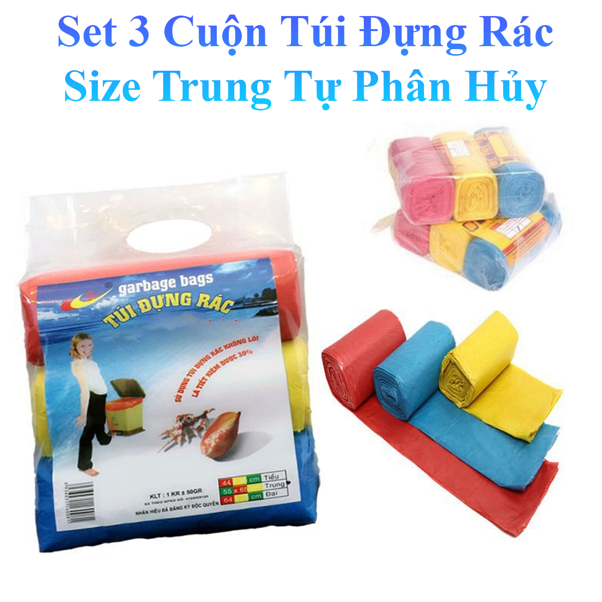 Set 3 Cuộn Túi Đựng Rác Size Trung 65X55Cm Tự Phân Hủy 3 Màu Nặng 1Kg