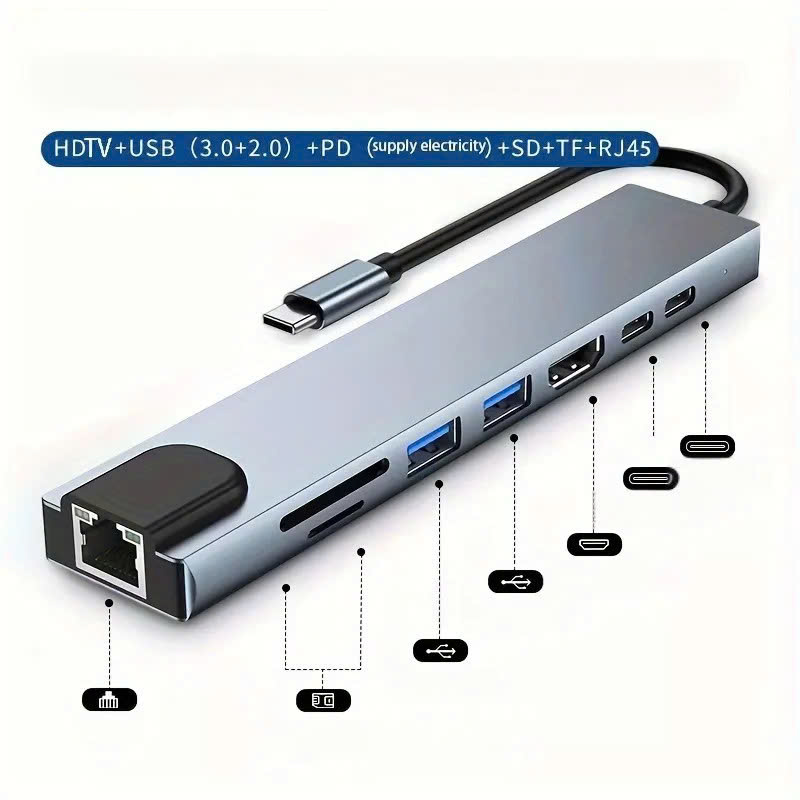Bộ Chuyển Đổi Hub USB C Hub 8 Trong 1 Type C 3.1 Sang 4K RJ45 Đọc Thẻ SD / TF Cho MacBook Notebook Laptop Máy Tính - Hàng Nhập Khẩu